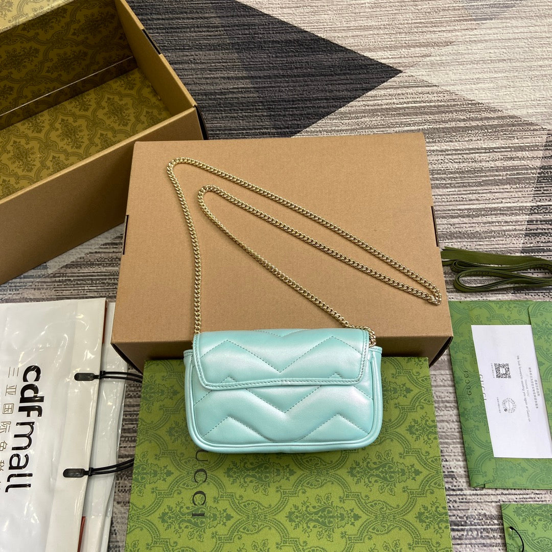 Luxury Gucci GG MARMONT 16 MINI SHOULDER BAG BLUE IRIDESCENT CALFSKIN
