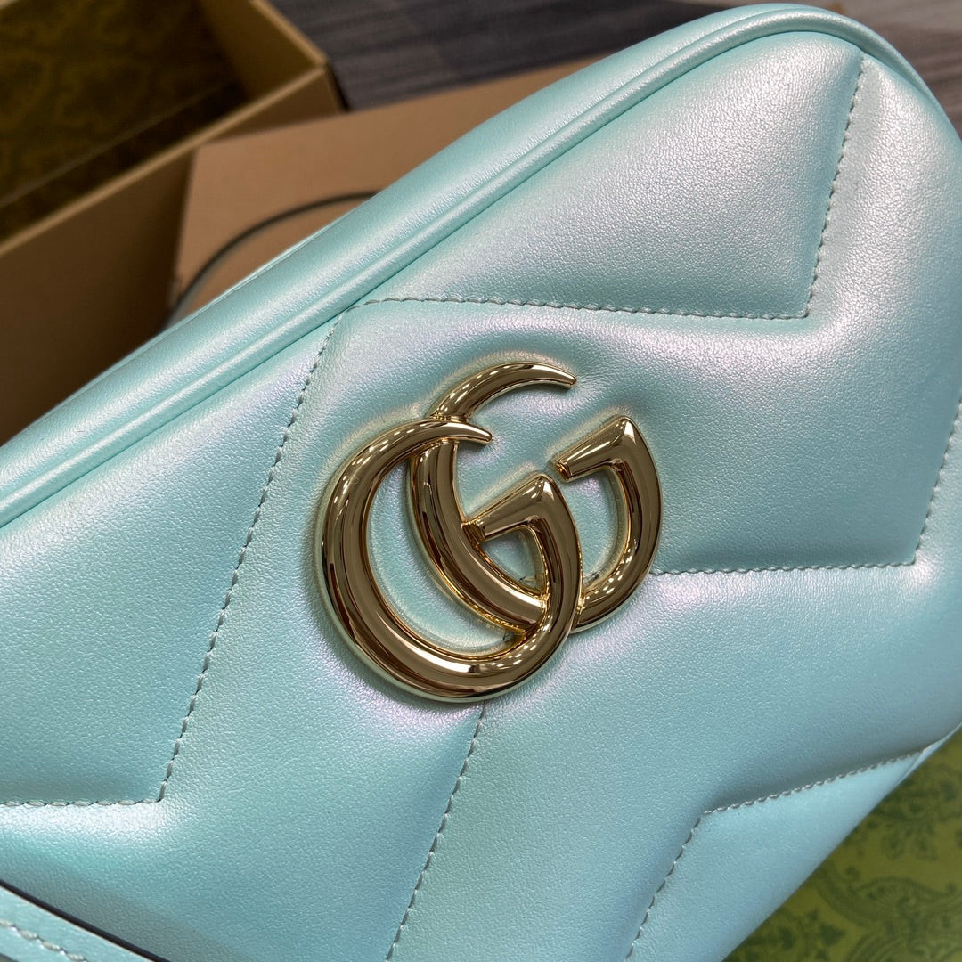 Luxury Gucci GG MARMONT 24 SMALL MATELASSÉ SHOULDER BAG BLUE IRIDESCENT CALFSKIN