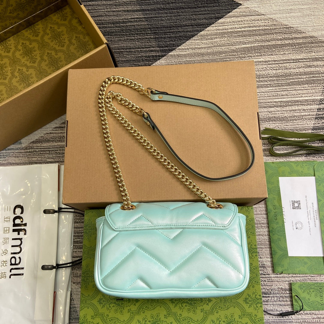 Luxury Gucci GG MARMONT 23 SMALL SHOULDER BAG BLUE IRIDESCENT CALFSKIN