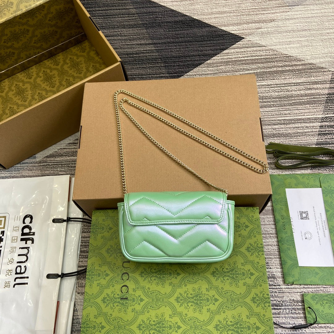 Luxury Gucci GG MARMONT 16 MINI SHOULDER BAG GREEN IRIDESCENT CALFSKIN