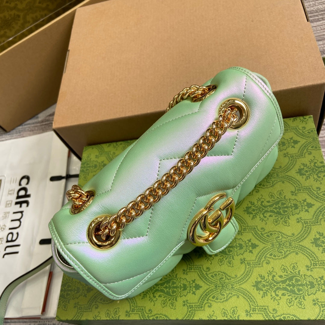 Luxury Gucci GG MARMONT 23 SMALL SHOULDER BAG GREEN IRIDESCENT CALFSKIN