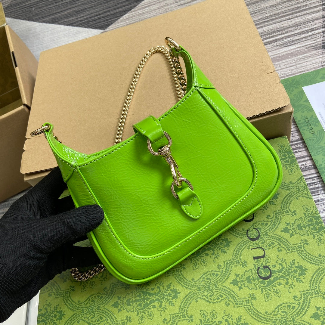 Luxury Gucci JACKIE NOTTE MINI BAG 19 IN LIME GREEN CRACKED LACQUER CALFSKIN GOLD HARDWARE