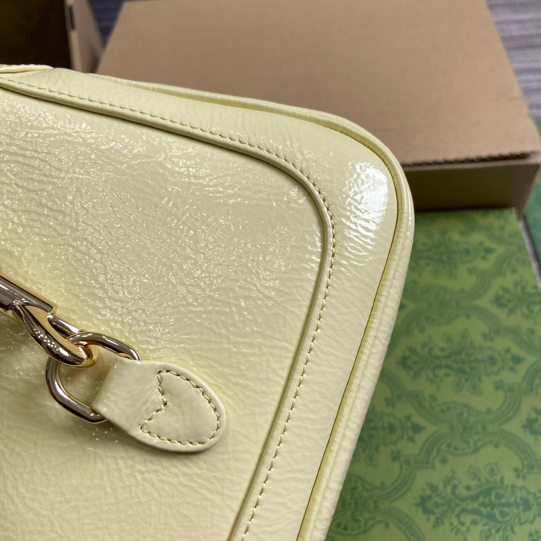Luxury Gucci JACKIE NOTTE MINI BAG 19 IN LIGHT YELLOW CRACKED LACQUER CALFSKIN GOLD HARDWARE