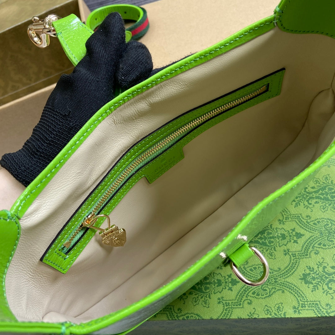 Luxury Gucci JACKIE SMALL SHOULDER BAG 27 IN LIME GREEN CRACKED LACQUER CALFSKIN GOLD HARDWARE