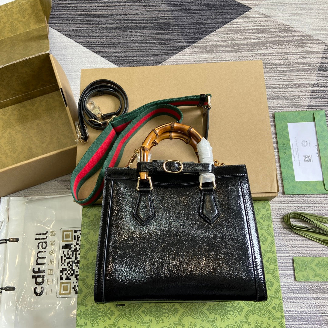Luxury Gucci DIANA SMALL TOTE BAG 27 WITH WEB IN BLACK LACQUER CALFSKIN BAMBOO HANDLE