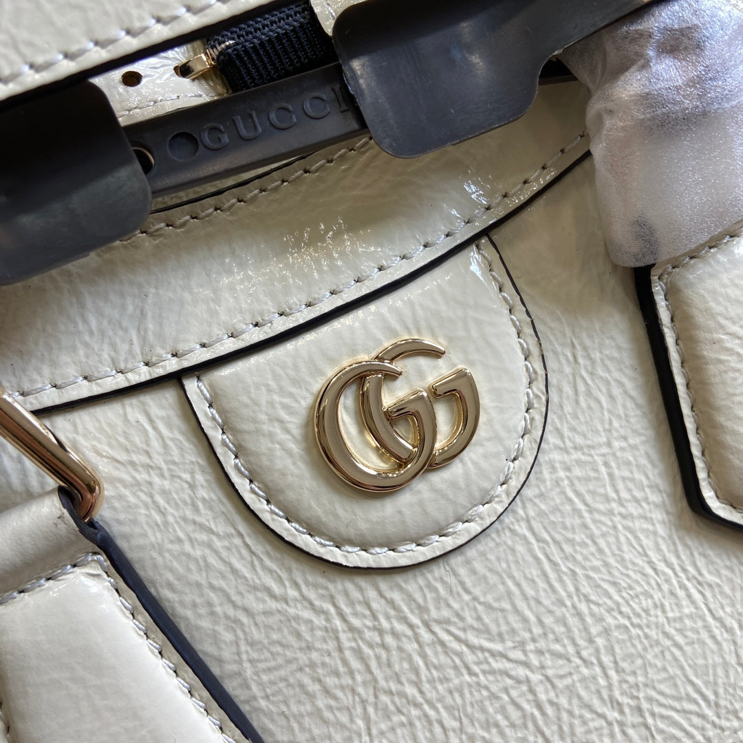 Luxury Gucci DIANA SMALL TOTE BAG 27 WITH WEB IN WHITE LACQUER CALFSKIN BAMBOO HANDLE