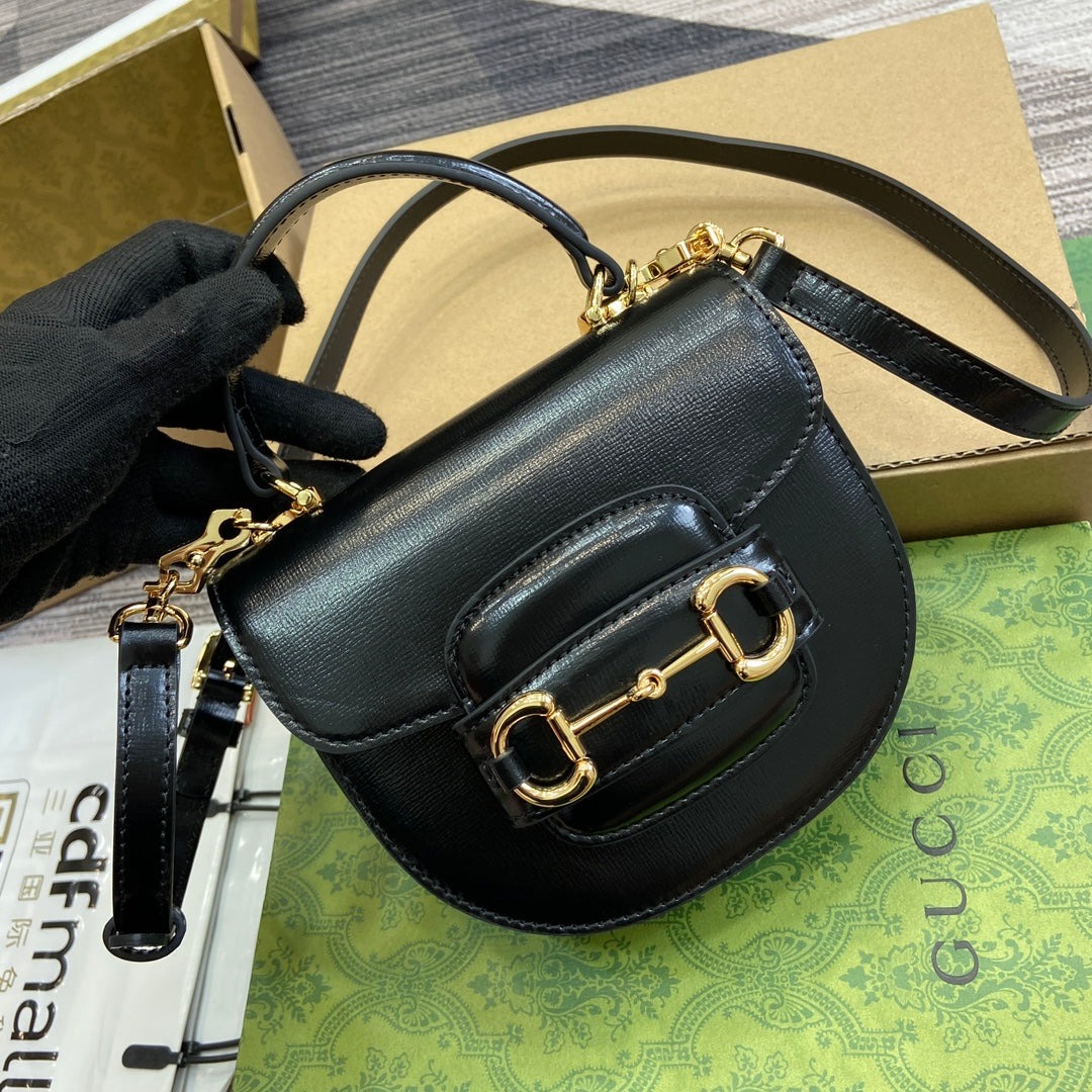 Luxury Gucci HORSEBIT 1955 MINI TOP HANDLE BAG 18 IN BLACK CALFSKIN GOLD HARDWARE
