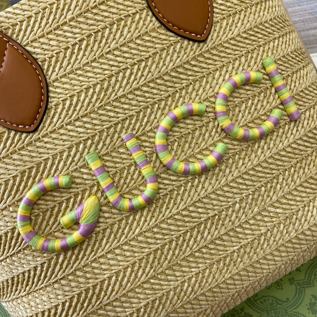 Luxury Gucci SMALL 35 STRAW-EFFECT TOTE BROWN MIX BEIGE