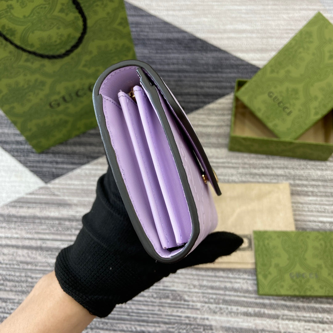 Luxury Gucci CONTINENTAL WALLET 19 IN LIGHT VIOLET EMBOSSED CALFSKIN GOLD HARDWARE