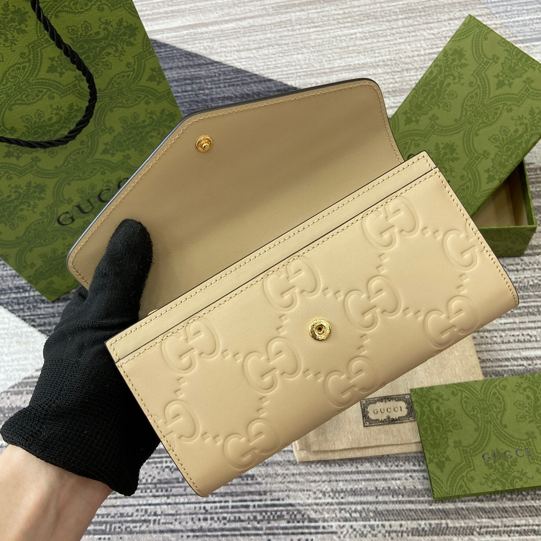 Luxury Gucci CONTINENTAL WALLET 19 IN LIGHT YELLOW EMBOSSED CALFSKIN GOLD HARDWARE