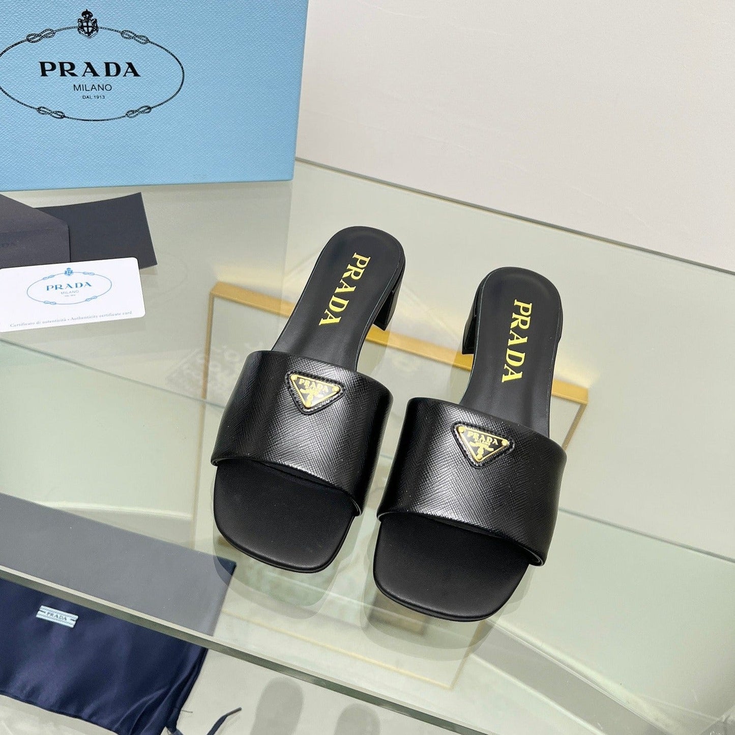 Luxury PradaEMBROIDERED SLIDES 40 BLACK CALFSKIN