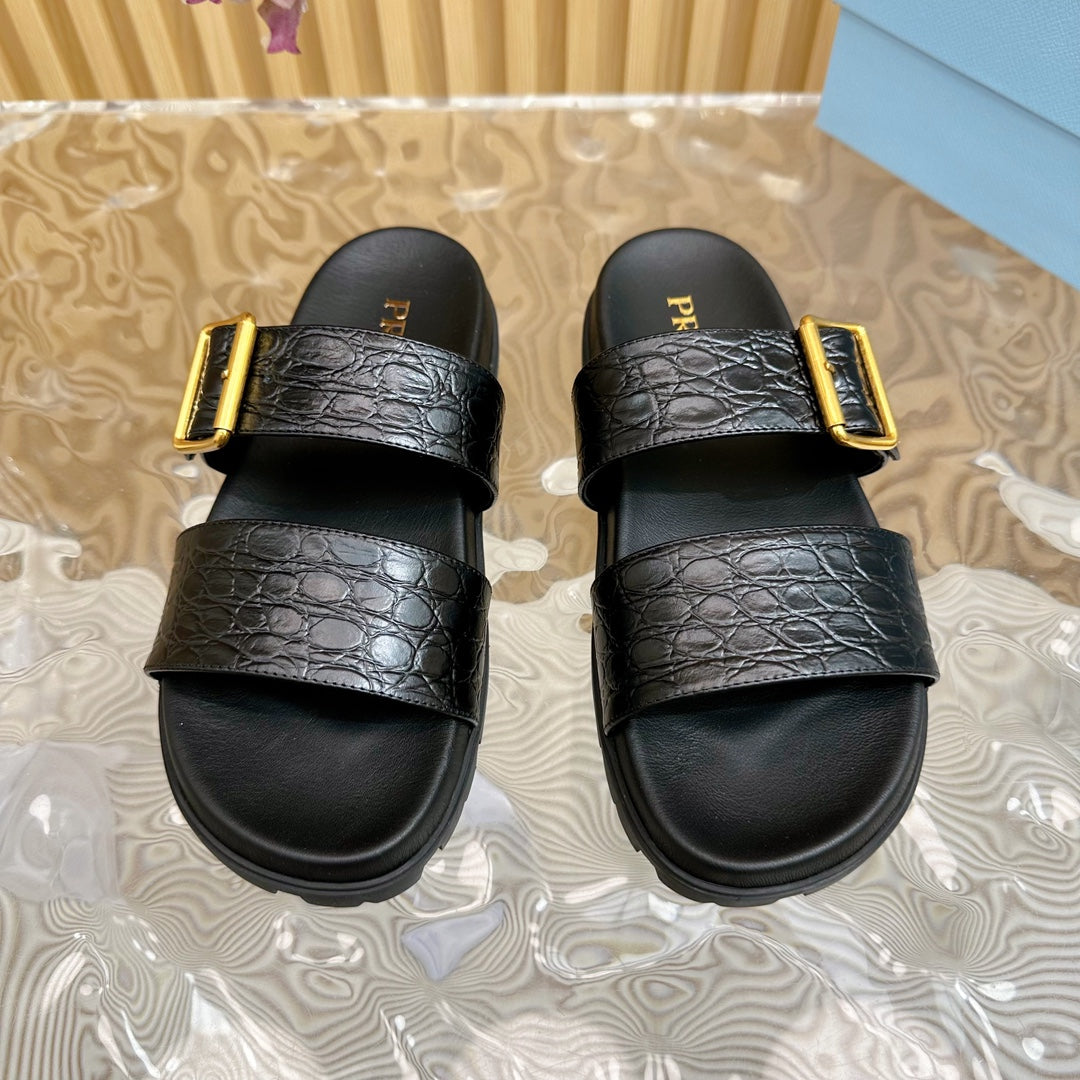 Luxury PradaCROCODILE MOTIF SLIDES SANDALS JET-BLACK CALFSKIN