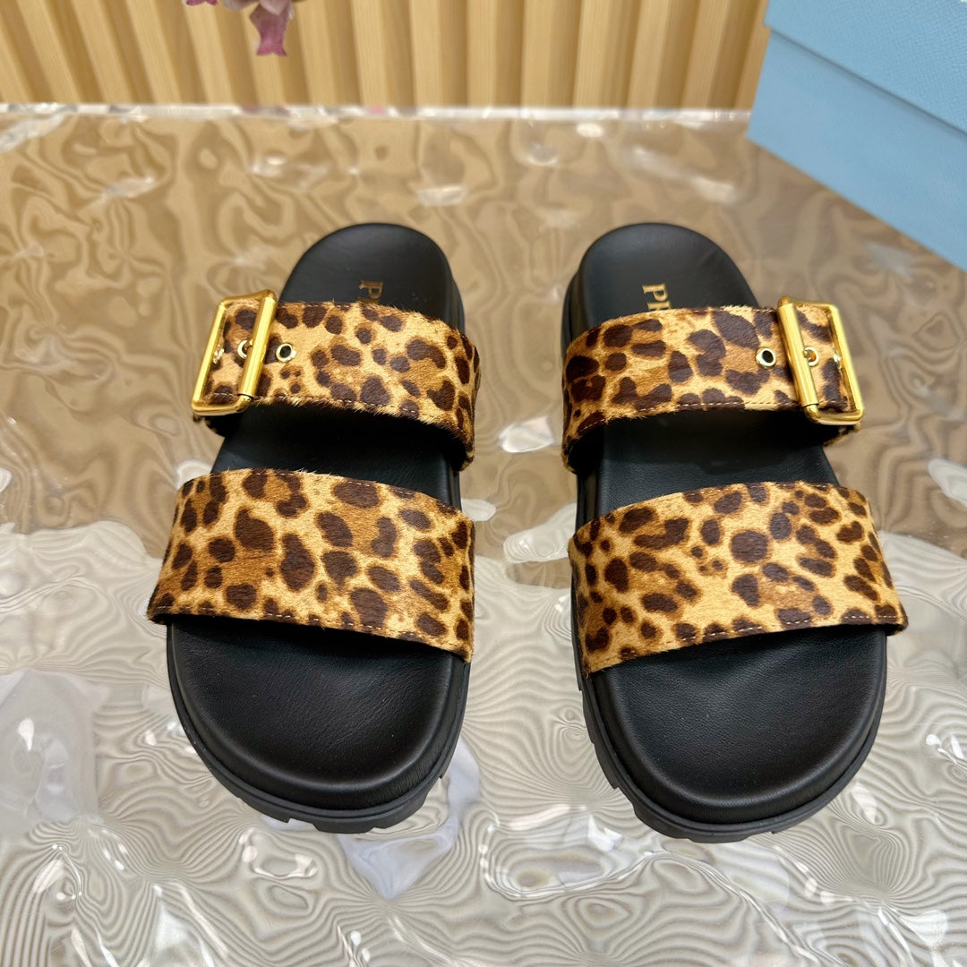 Luxury PradaLEOPARD MOTIF SLIDES SANDALS BLACK CALFSKIN