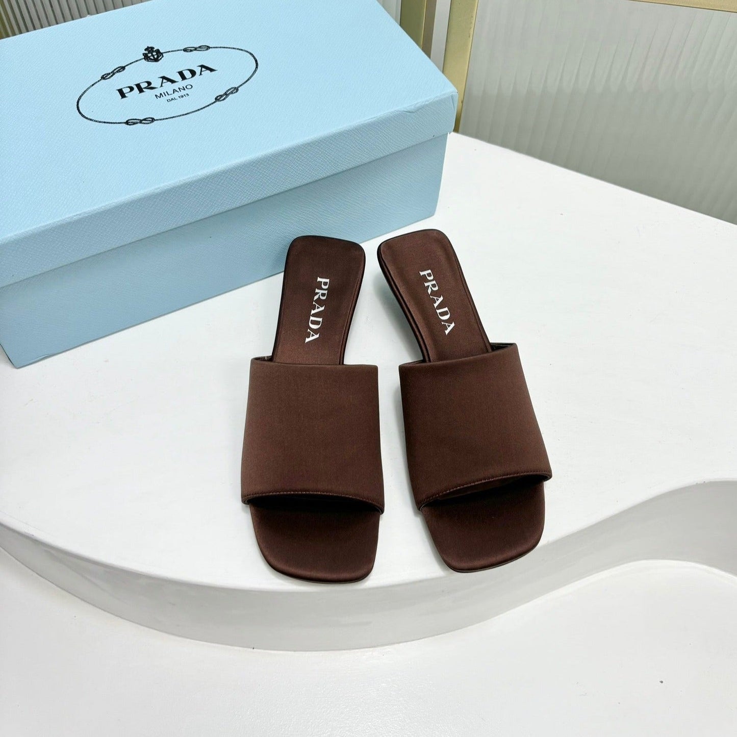 Luxury PradaTRIANGLE HEEL SATIN SLIPPERS BROWN