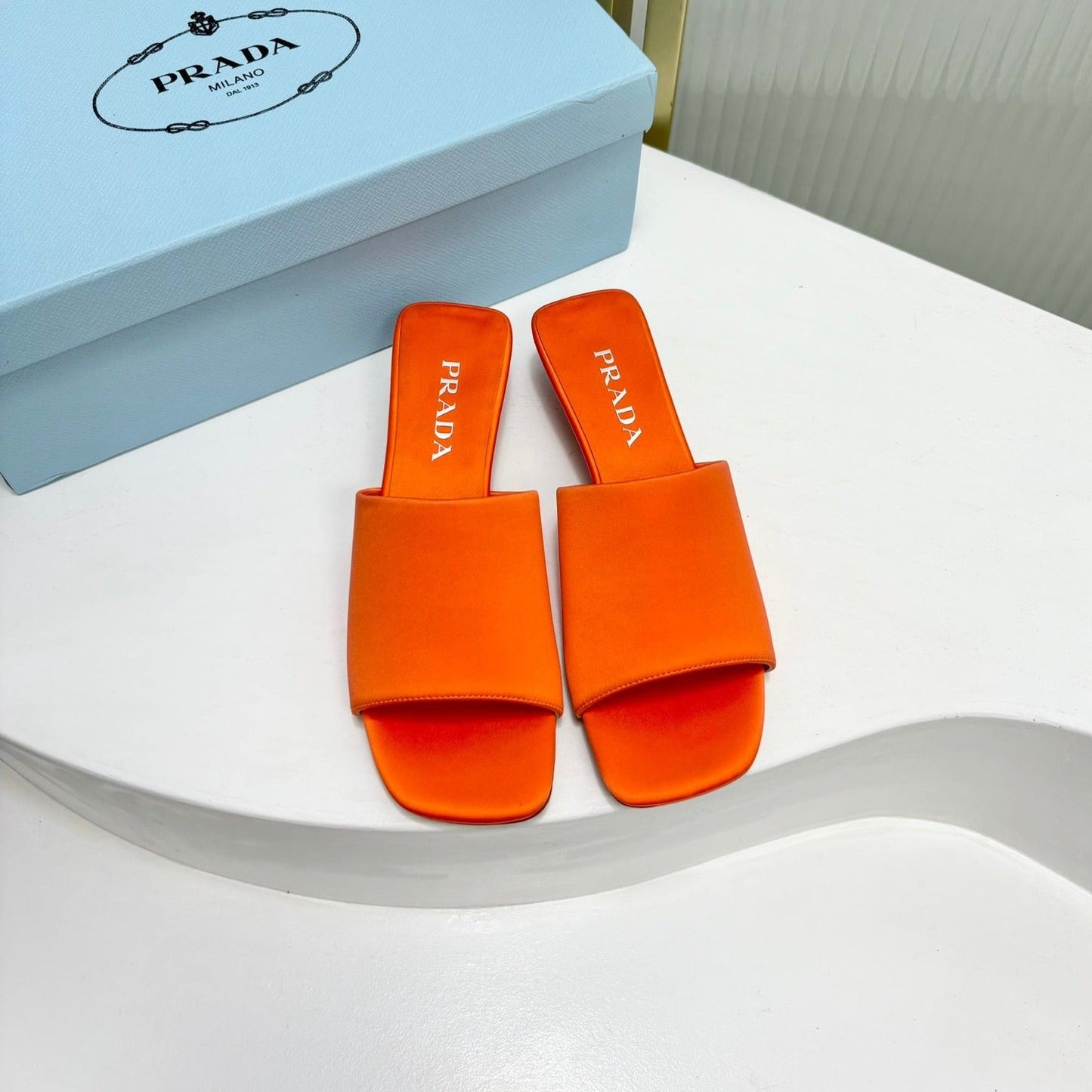 Luxury PradaTRIANGLE HEEL SATIN SLIPPERS BRIGHT ORANGE