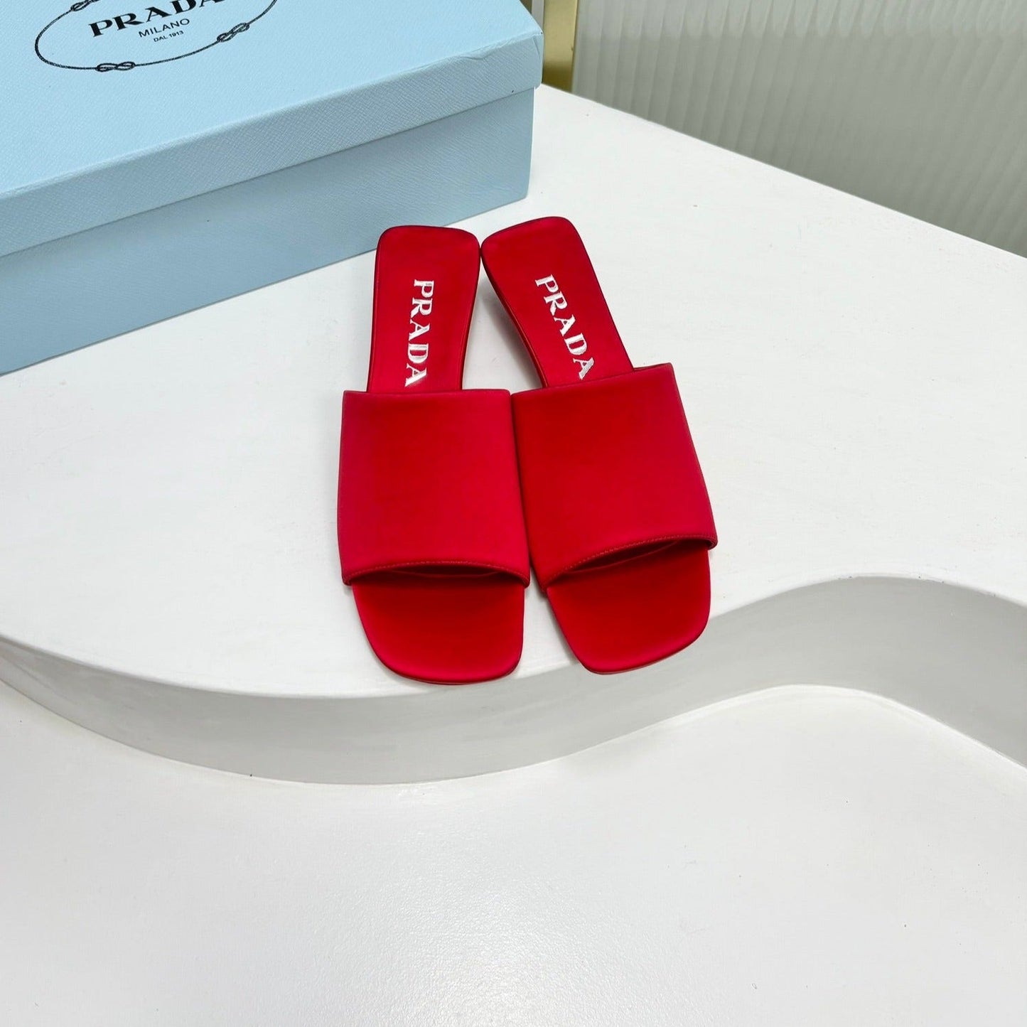 Luxury PradaTRIANGLE HEEL SATIN SLIPPERS CRIMSON