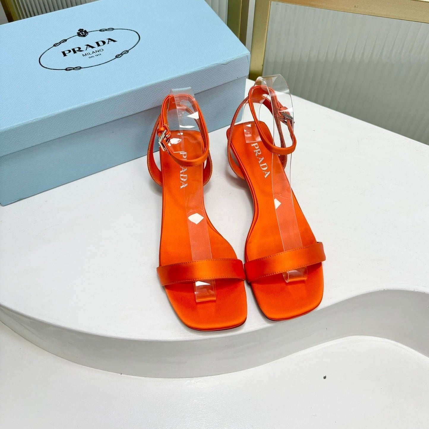 Luxury PradaTRIANGLE HEEL SATIN SANDALS BRIGHT ORANGE