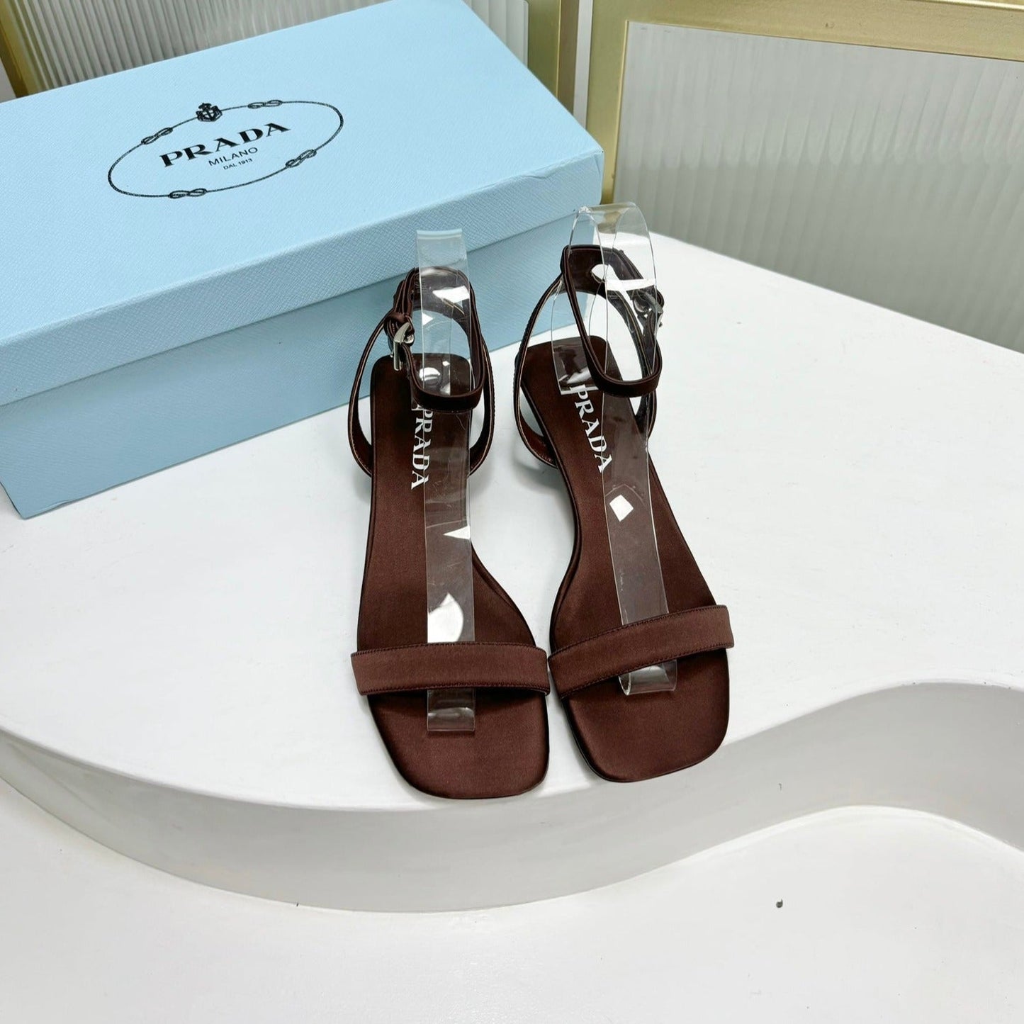 Luxury PradaTRIANGLE HEEL SATIN SANDALS BROWN