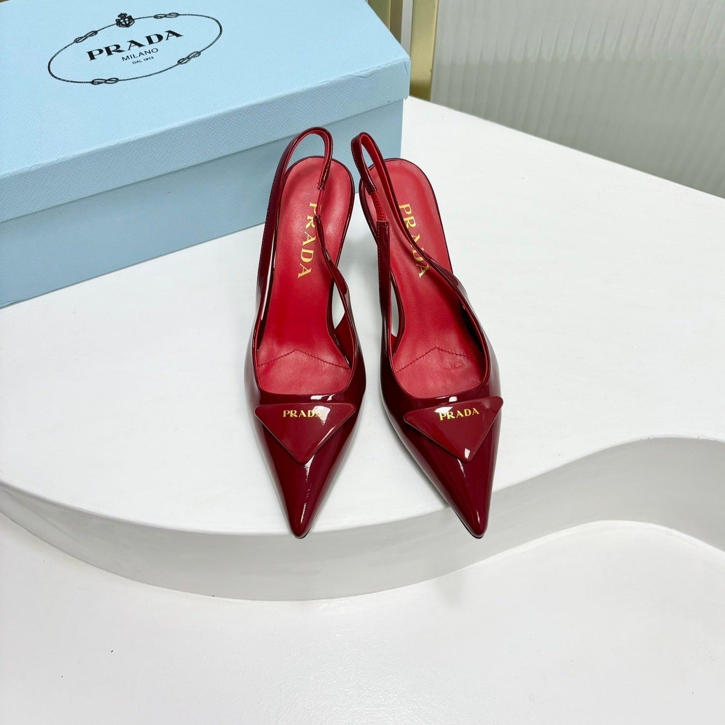 Luxury PradaPATENT LEATHER SLINGBACK PUMPS 75 CHERRY