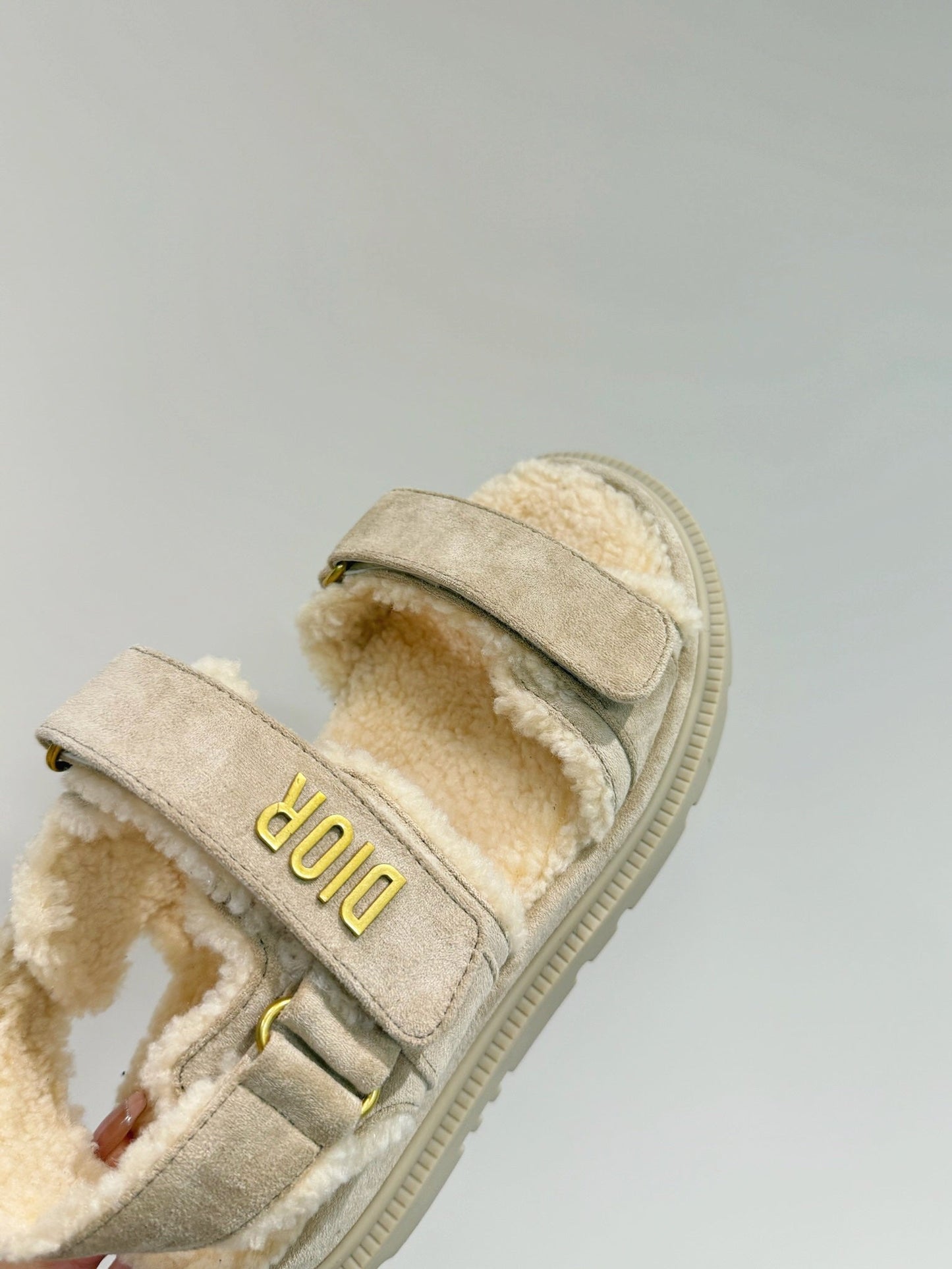 Luxury Dior DIORact Sandal In Light Grey Suede And Wool Fleece Lining 109873