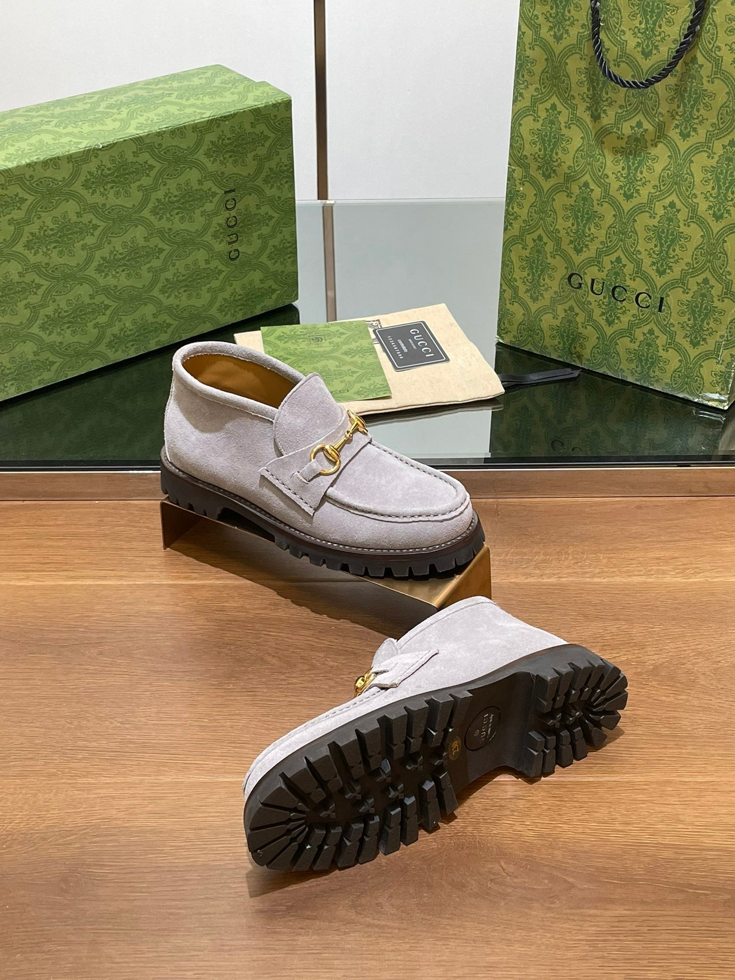 Luxury Gucci GG Ankle Boot With Horsebit 15 Grey Suede