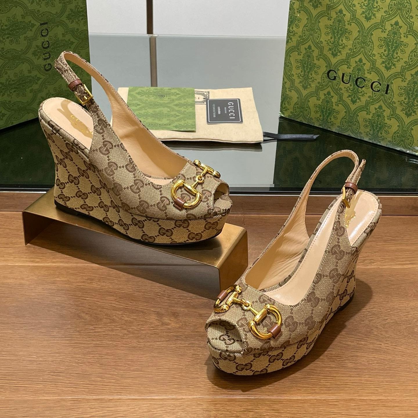 Luxury Gucci GG WEDGE PLATFORM IN CAMEL BROWN MONOGRAM JACQUARD FABRIC