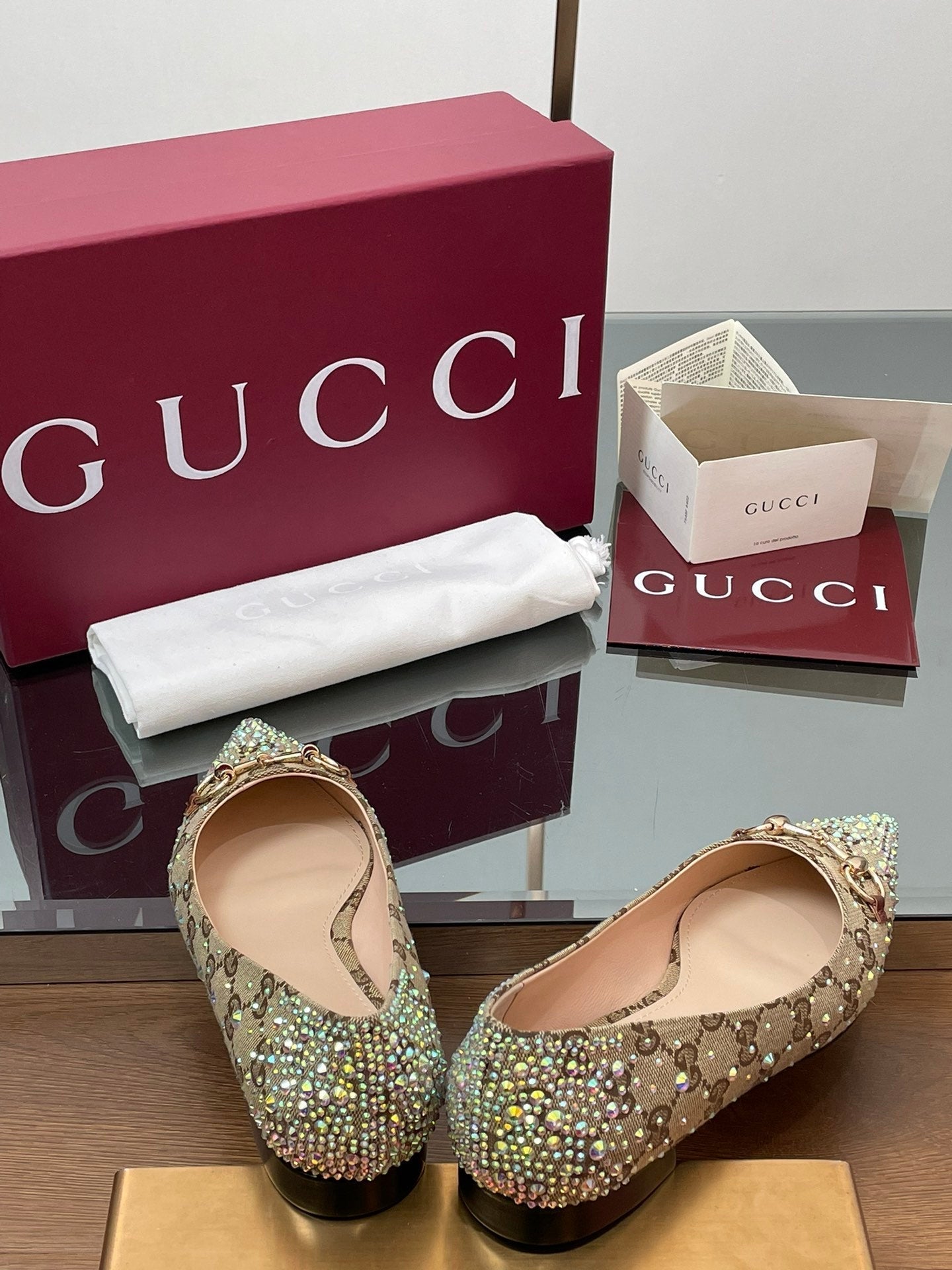 Luxury Gucci GG Horsebit Ballet Flat Beige Ebony Monogram Canvas Crystal-Embellished
