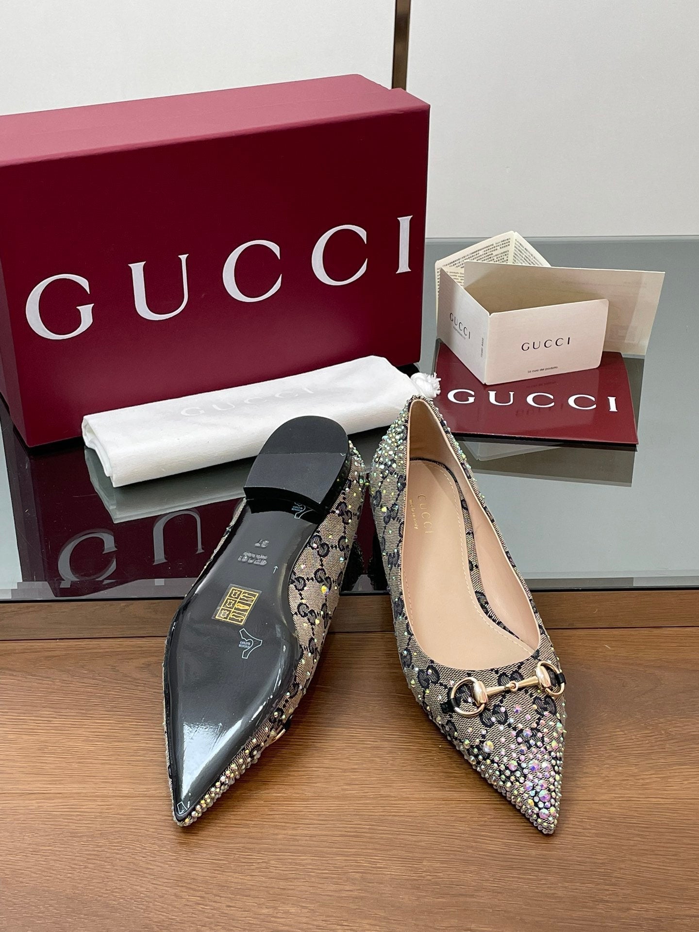 Luxury Gucci GG Horsebit Ballet Flat Beige Black Monogram Canvas Crystal-Embellished