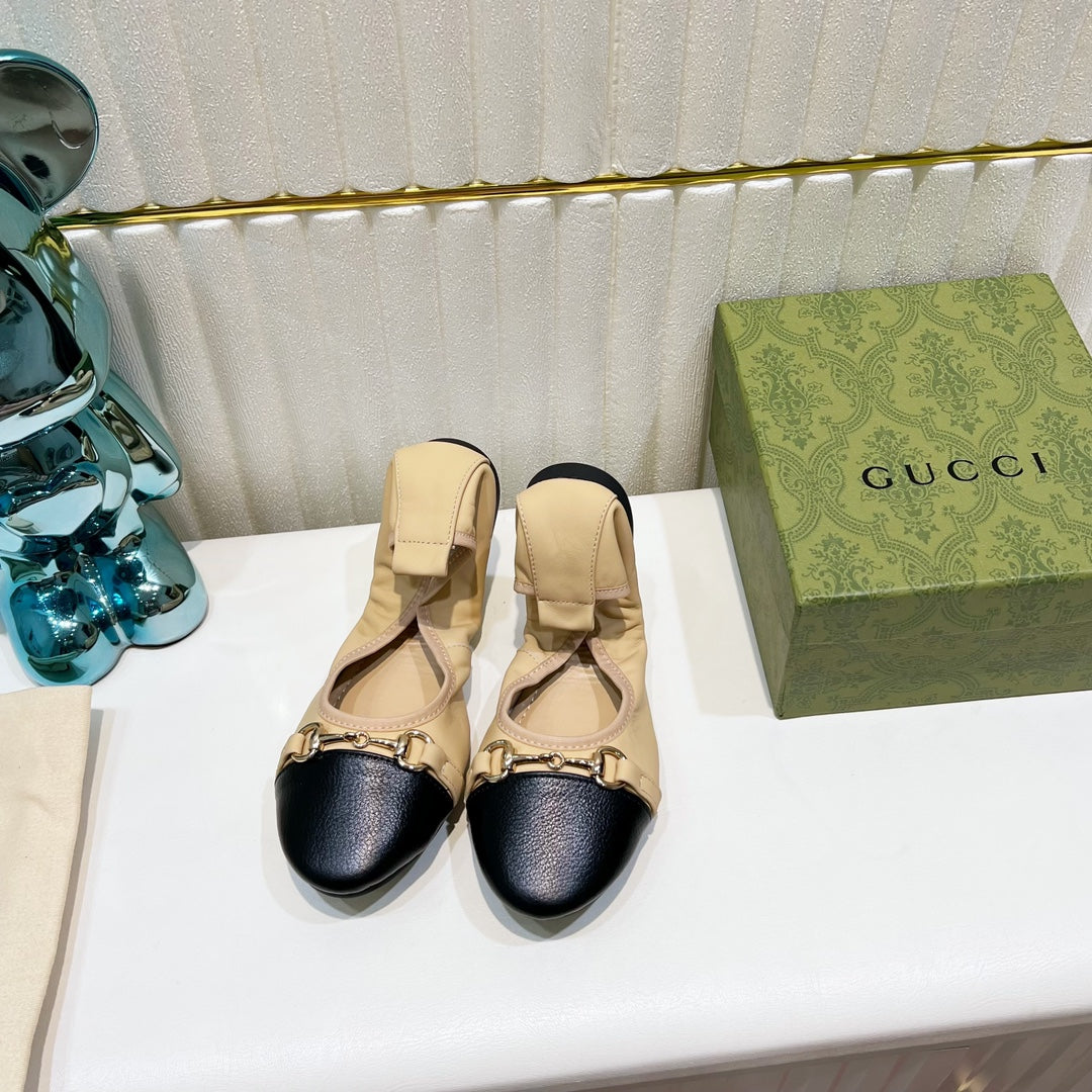 Luxury Gucci GG BALLET SUPER SLIM BUCKLE BLACK AND CREAM LAMBSKIN