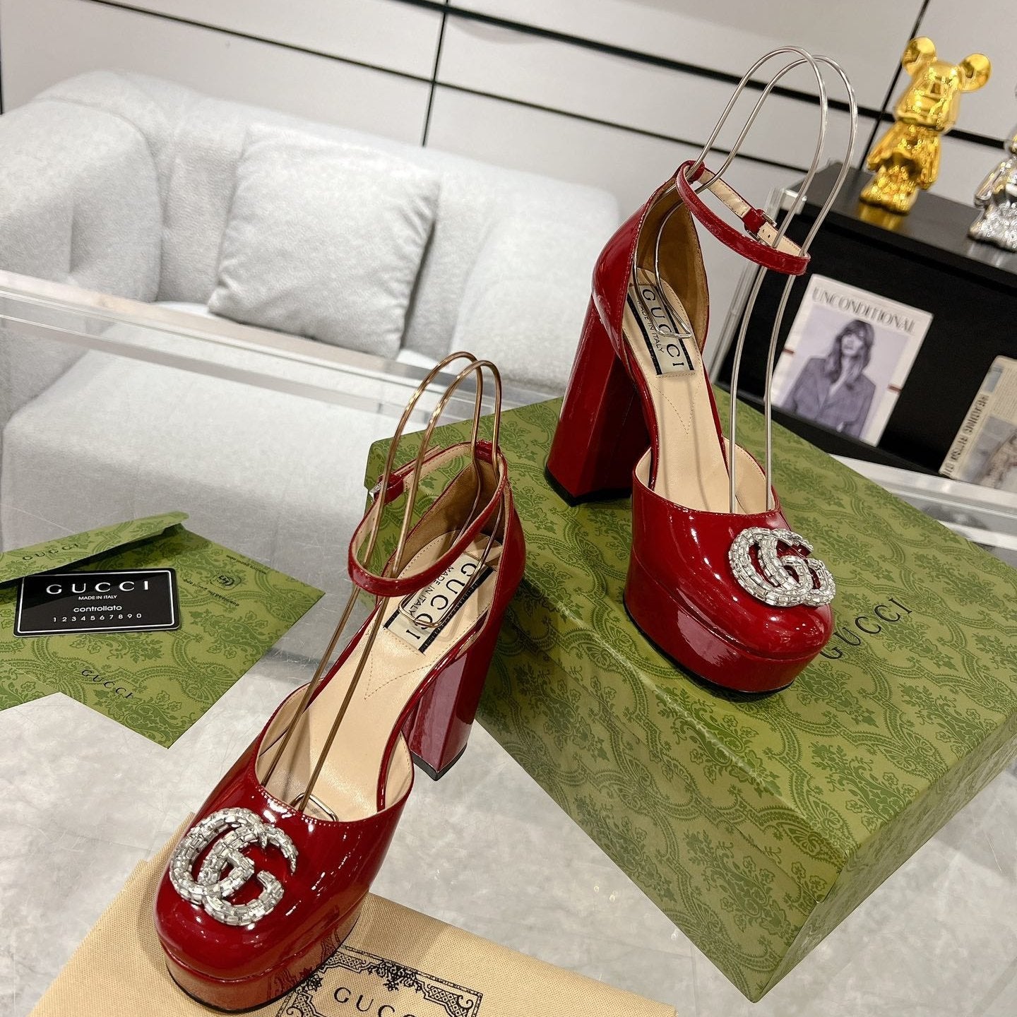 Luxury Gucci HIGH SANDAL SQUARE HEEL 12 CM IN CHERRY RED CALFSKIN