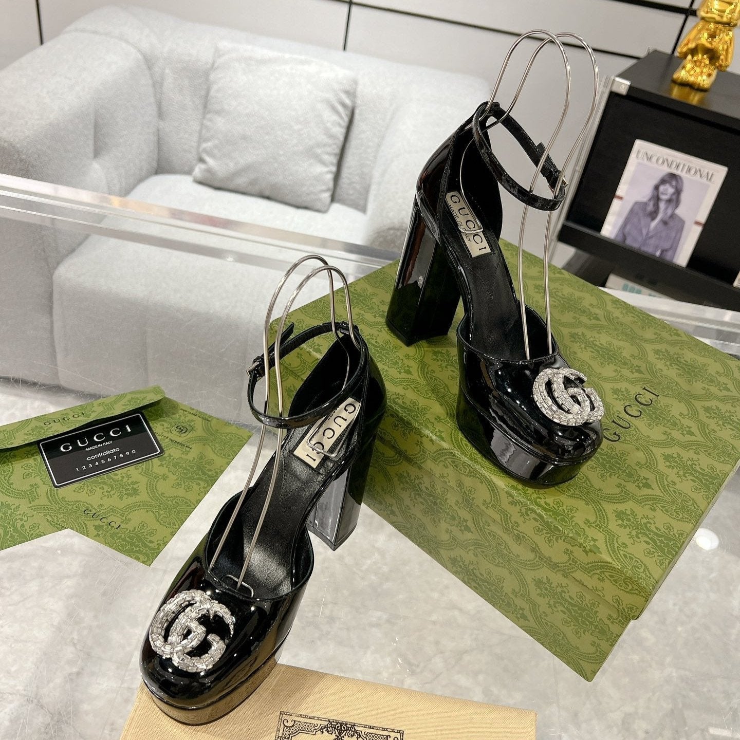 Luxury Gucci HIGH SANDAL SQUARE HEEL 12 CM IN BLACK CALFSKIN