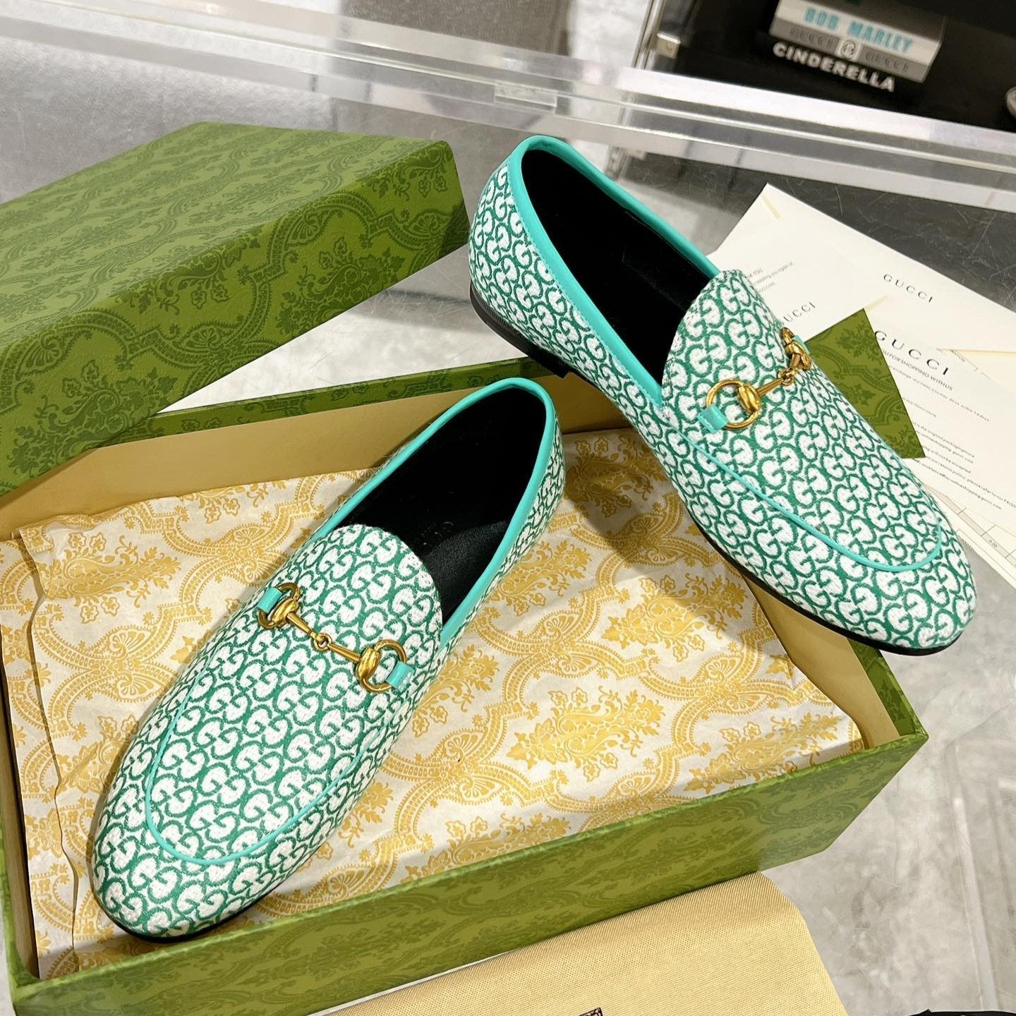 Luxury Gucci MEN'S LOAFER WITH HORSEBIT IN MINT GREEN MONOGRAM JACQUARD FABRIC