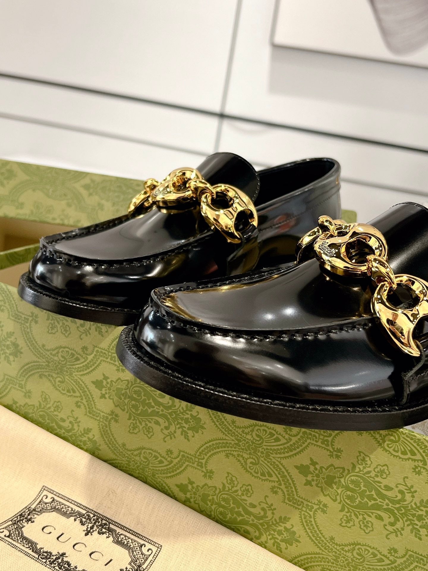 Luxury Gucci GG Marina Loafer Black Patent Calfskin