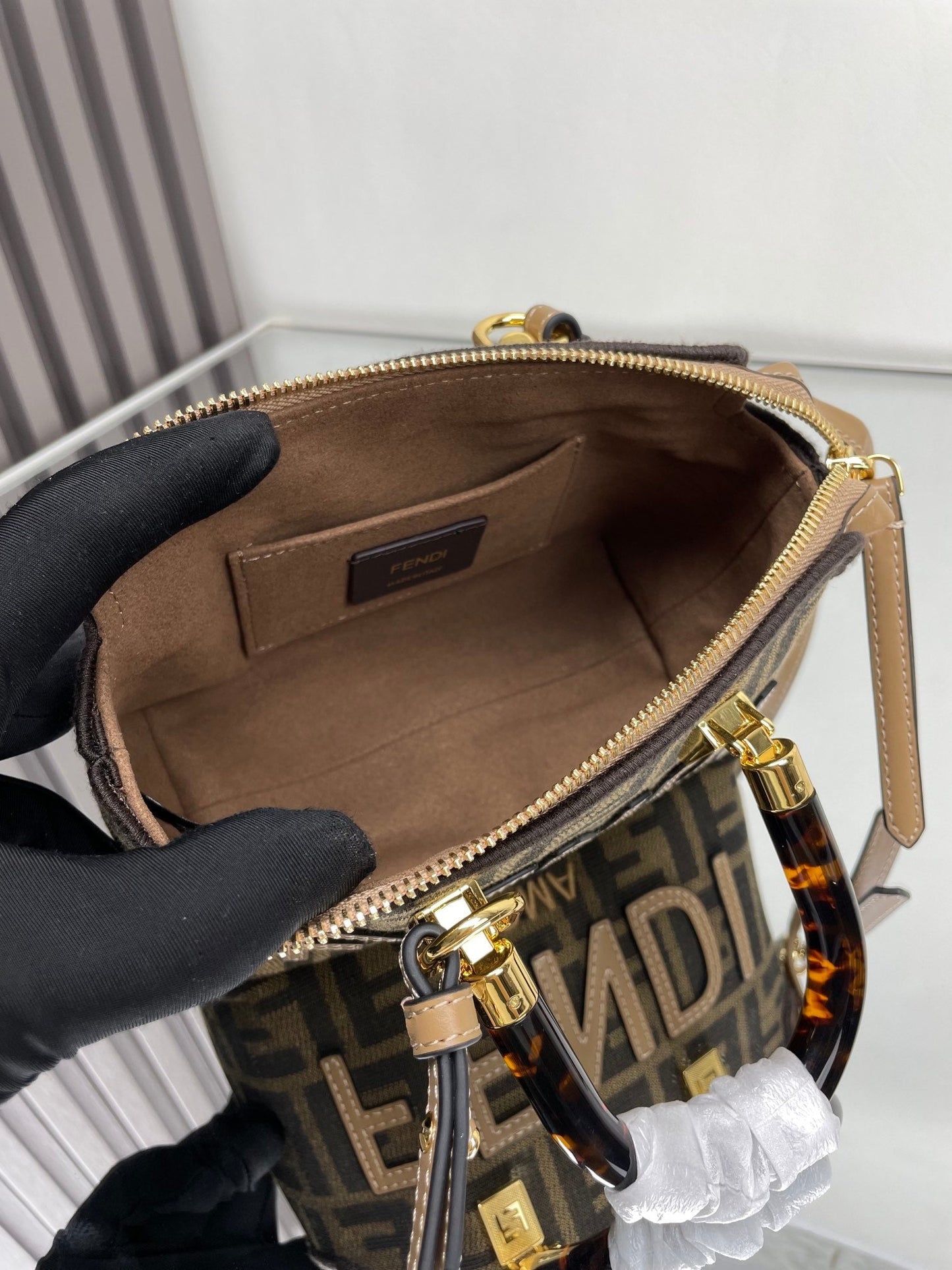 Luxury FendiBY THE WAY MINI 18 IN SOYA BEAN JACQUARD FABRIC AND BROWN CALFSKIN TRIM