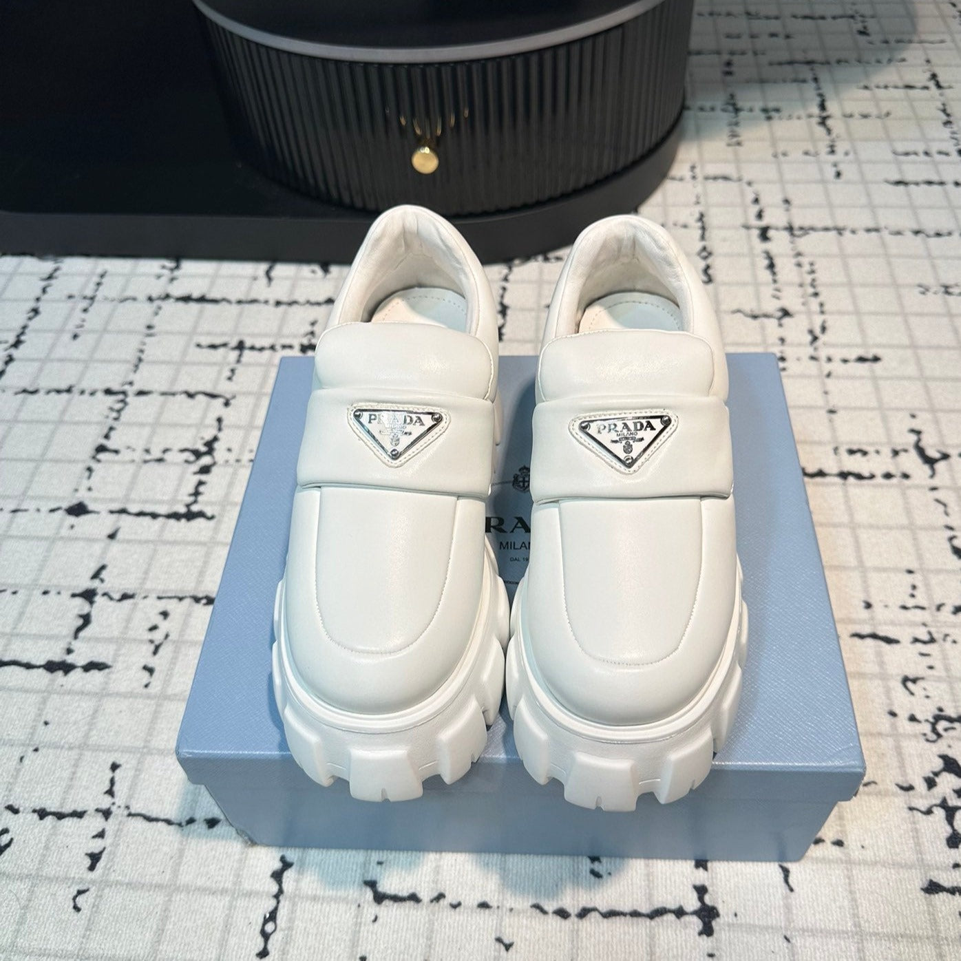 Luxury PradaBRUSHED MONOLITH LOAFERS WHITE LAMBSKIN