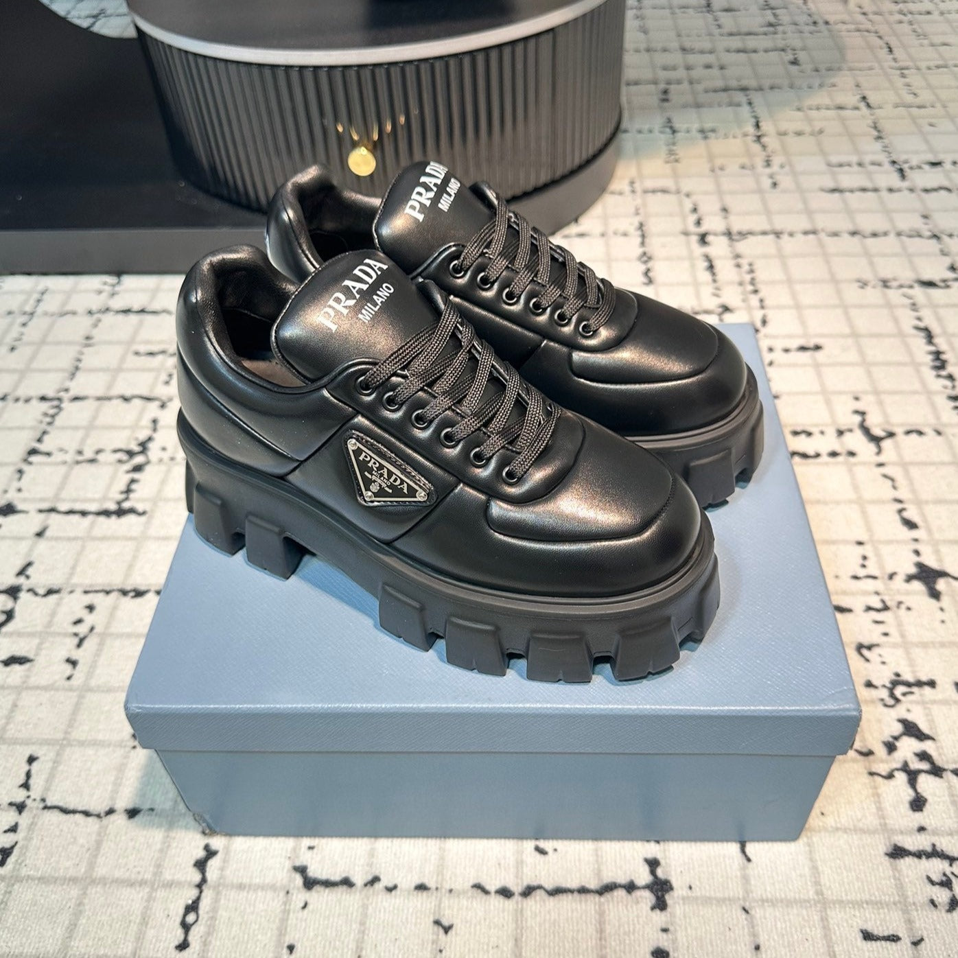 Luxury PradaMONOLITH BRUSHED LACE-UP SHOES BLACK LAMBSKIN