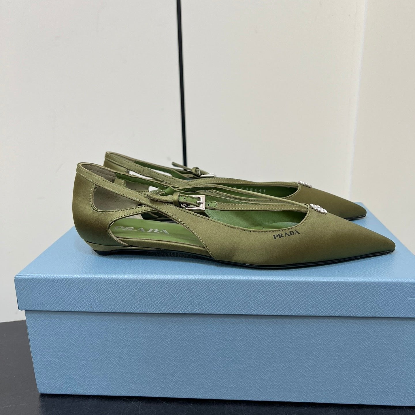 Luxury PradaCUT-OUT BALLERINA FLAT IN OLIVE GREEN SATIN ATTACHED BEAD BUCKLE
