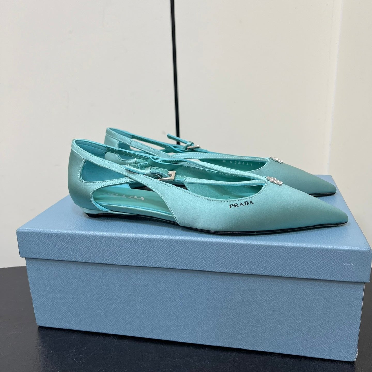 Luxury PradaCUT-OUT BALLERINA FLAT IN TURQUOISE BLUE SATIN ATTACHED BEAD BUCKLE