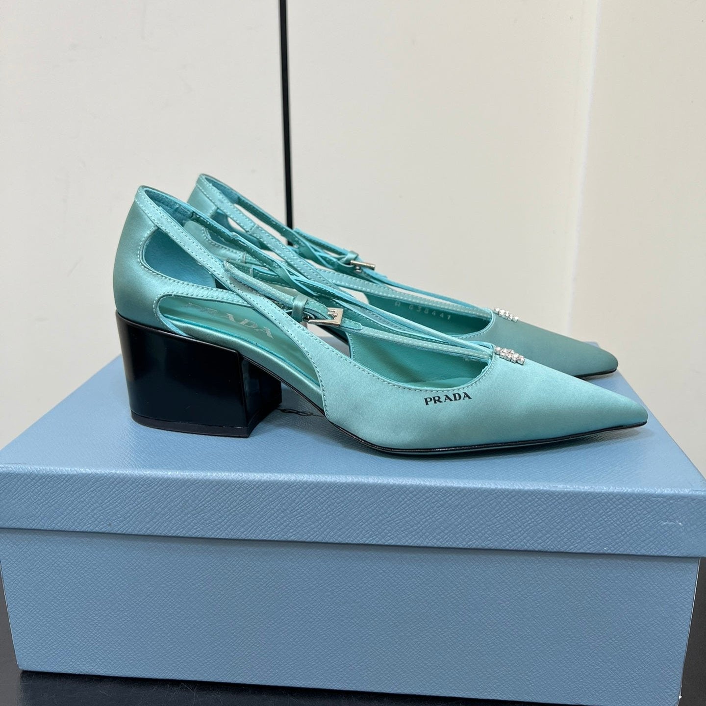 Luxury PradaCUT-OUT PUMPS WITH BEAD BUCKLE IN TURQUOISE BLUE SATIN