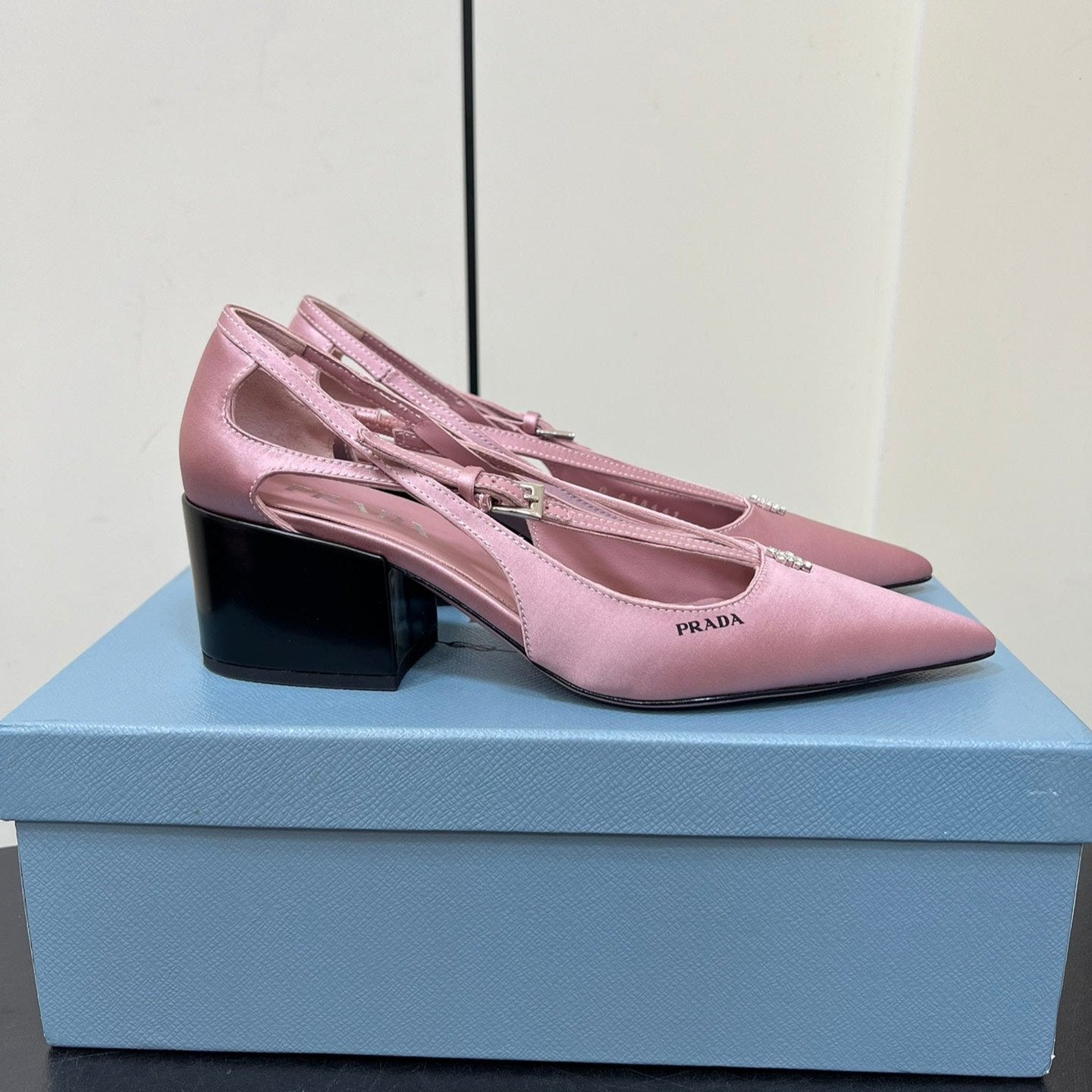 Luxury PradaCUT-OUT PUMPS WITH BEAD BUCKLE IN BABY PINK SATIN