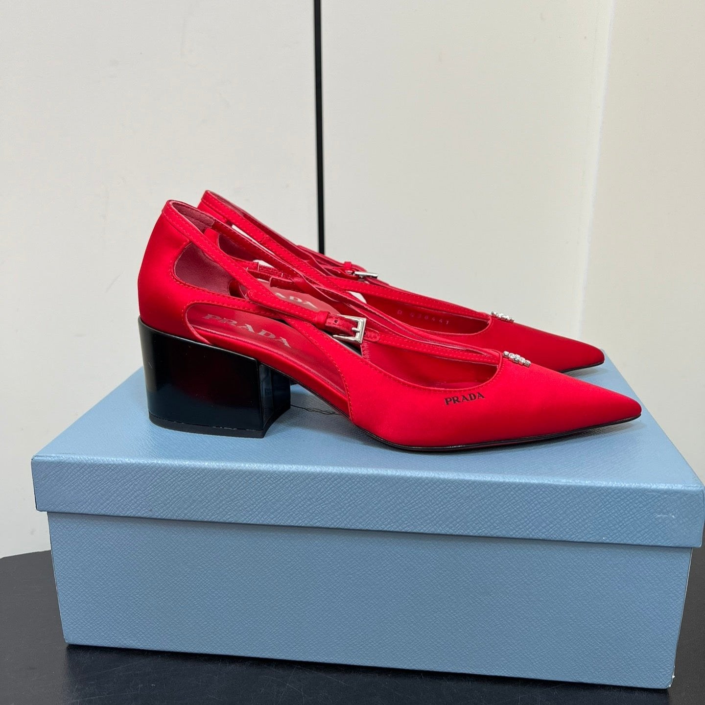 Luxury PradaCUT-OUT PUMPS WITH BEAD BUCKLE IN CLASSIC RED SATIN