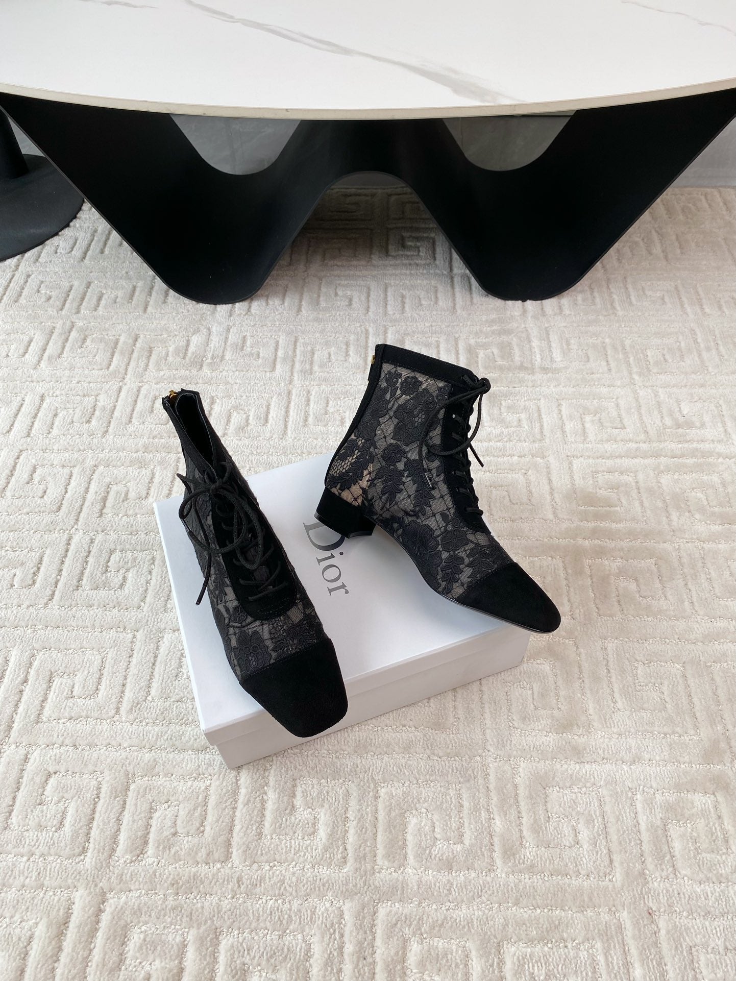 Luxury DiorNaughtily-D Heeled Ankle Boot Black Transparent Mesh Roses Embroidery And Suede