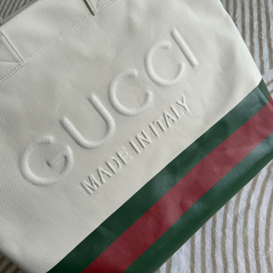 Luxury Gucci TOTE BAG 40 IN WHITE CANVAS WITH WEB TRIM AND EMBOSSED LOGO