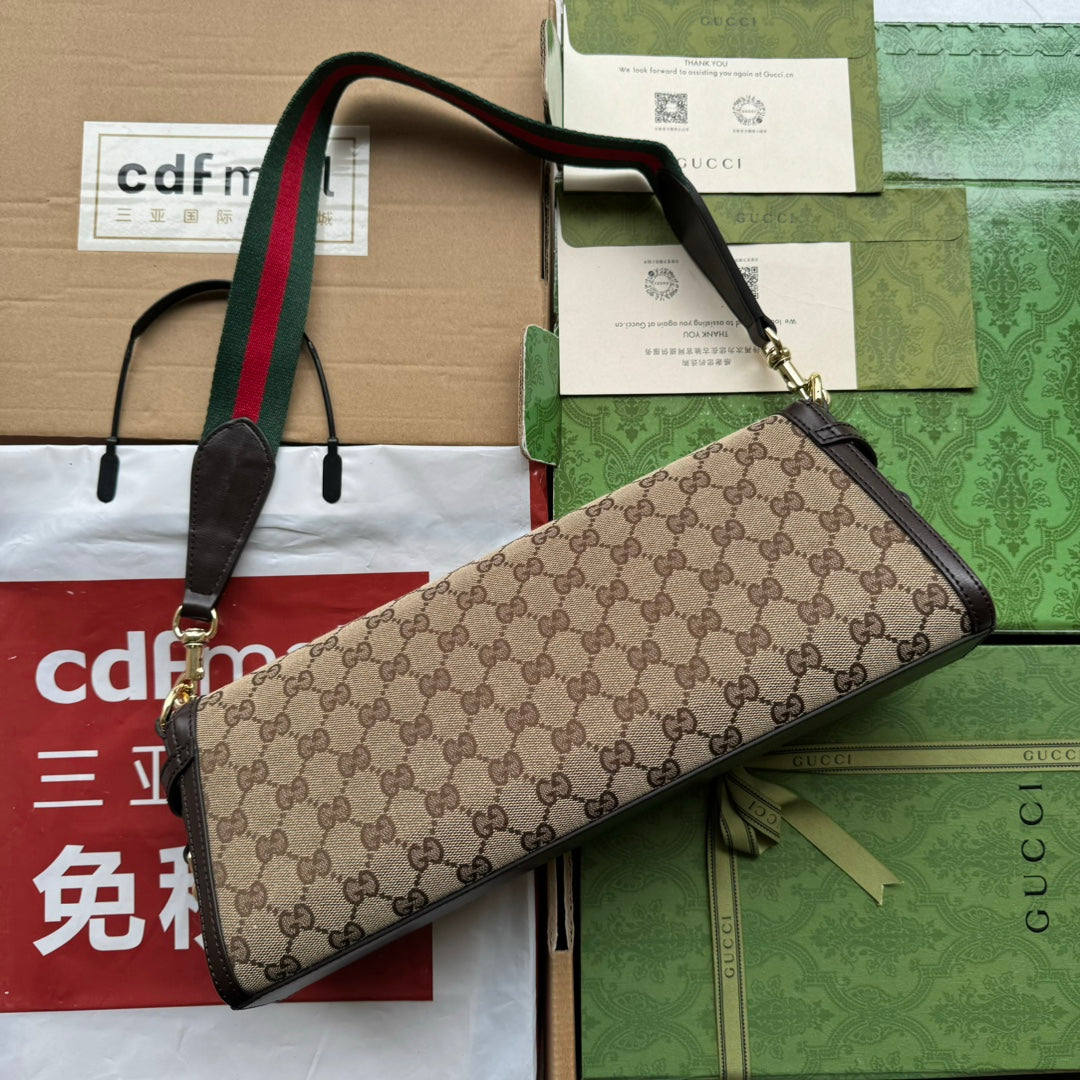 Luxury Gucci LUCE MEDIUM SHOULDER BAG 36 IN BEIGE CANVAS AND DARK BROWN CALFSKIN TRIM GOLD HARDWARE