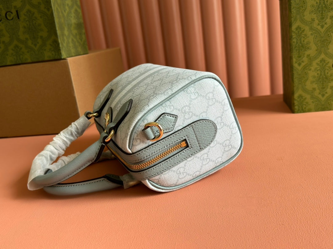 Luxury Gucci OPHIDIA TOP HANDLE BAG 21 IN GREY-GREEN MONOGRAM CANVAS AND CALFSKIN TRIM GOLD HARDWARE
