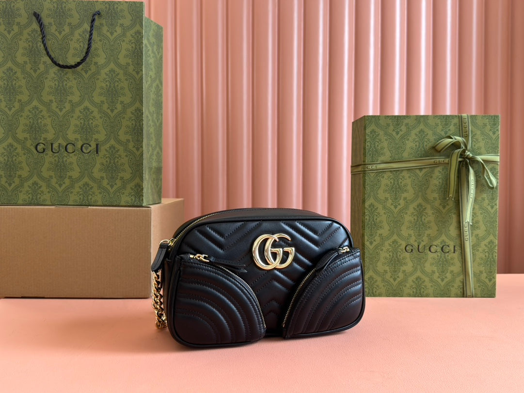 Luxury Gucci MARMONT SMALL SHOULDER BAG 24 IN BLACK CALFSKIN GOLD HARDWARE