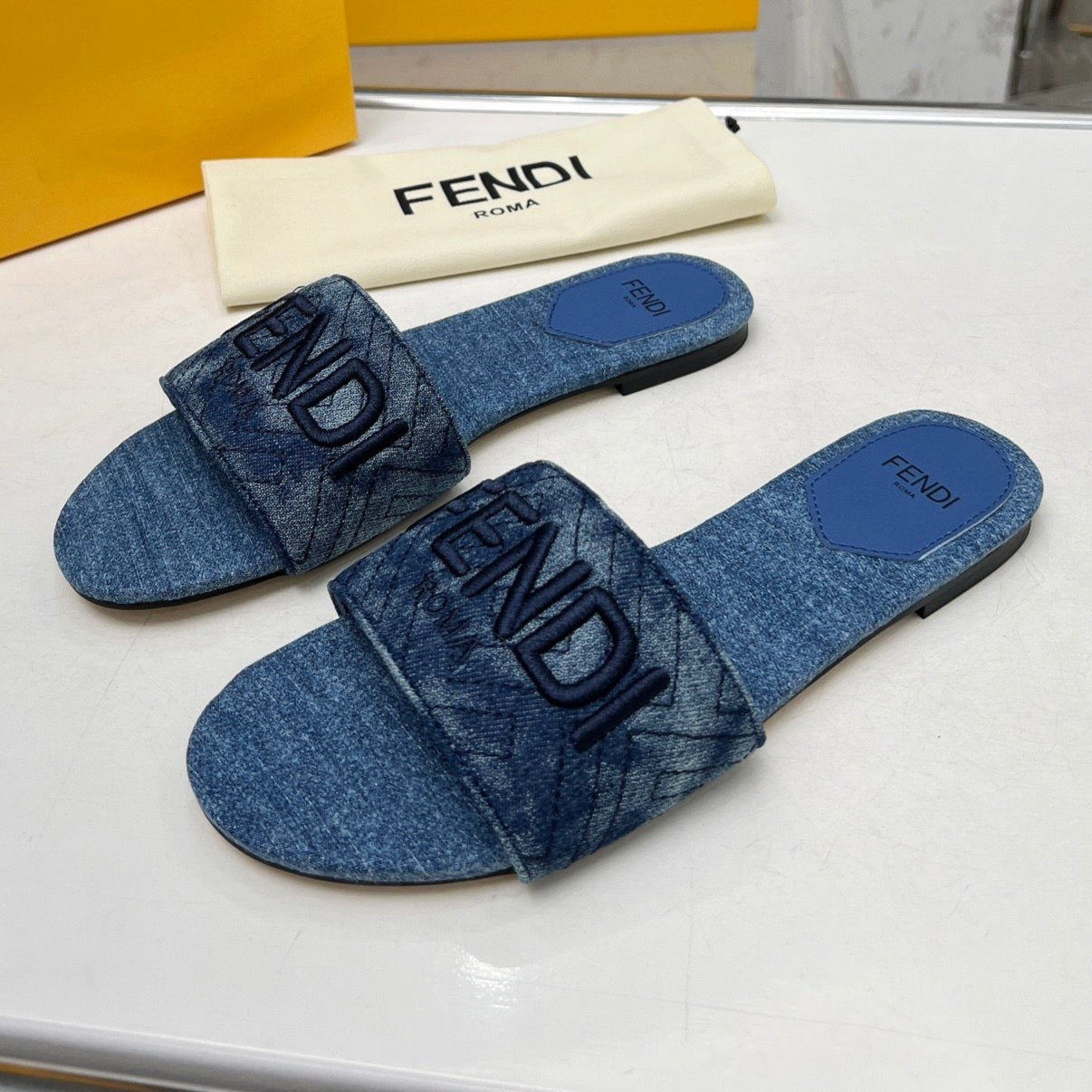 Luxury FendiFF 5 NAVY BLUE CANVAS SLIDE
