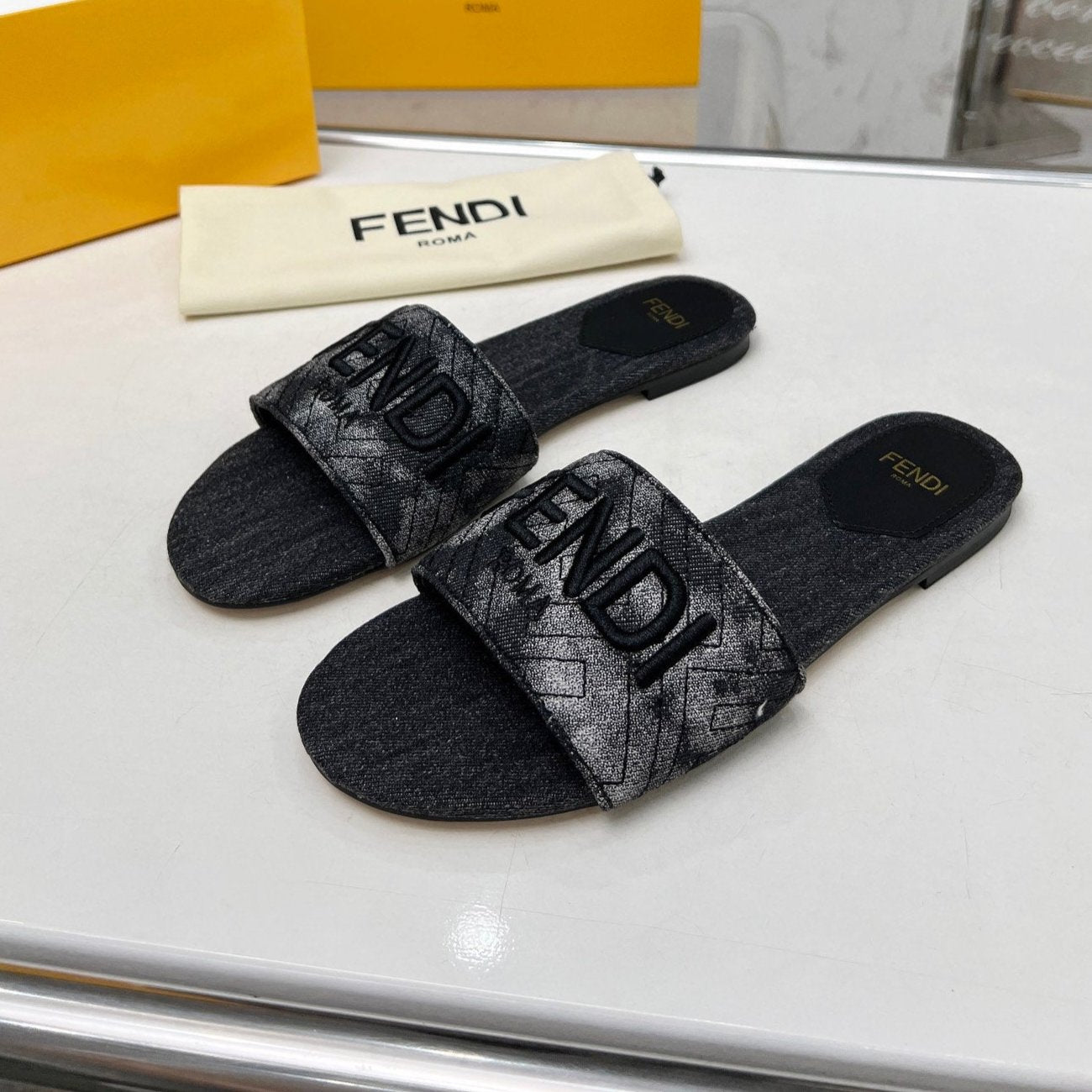 Luxury FendiFF 5 BLACK CANVAS SLIDE