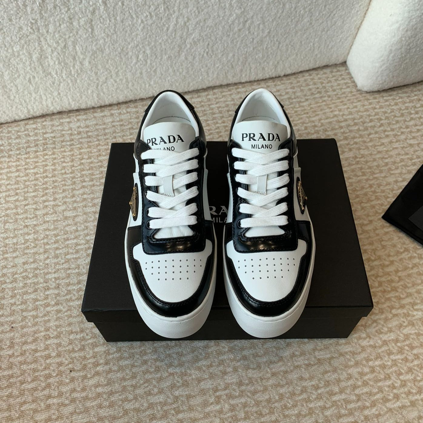 Luxury PradaDOWNTOWN BOLD SNEAKERS BLACK AND WHITE CALFSKIN