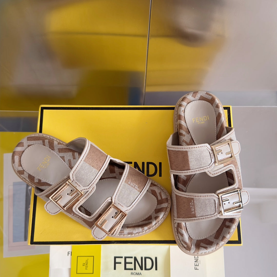 Luxury FendiFF Feel Light Brown Grey Canvas Slide